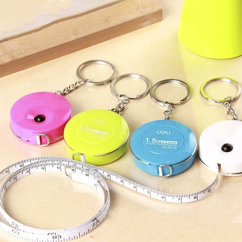 Thước dây cuộn tự động, móc chìa khoá Deli mã 8214 - Dài 1.5m - Thiết kế nhỏ gọn, đáng yêu - 1 chiếc màu ngẫu nhiên