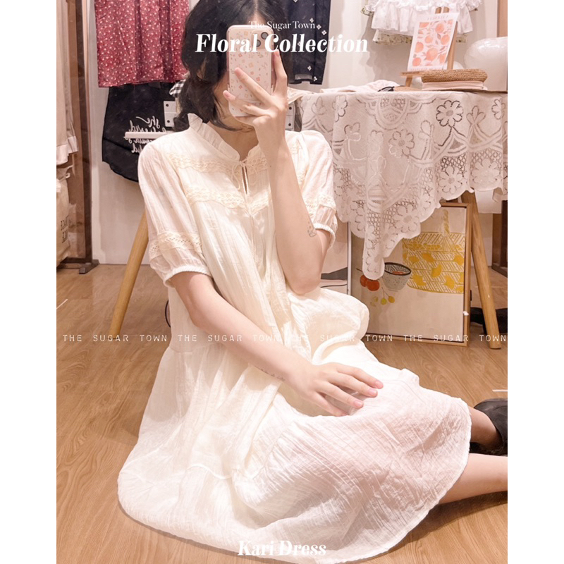 Kari Dress váy đũi phối ren siêu xinh SugarTown