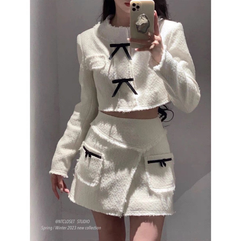Set dạ tweed đính nơ