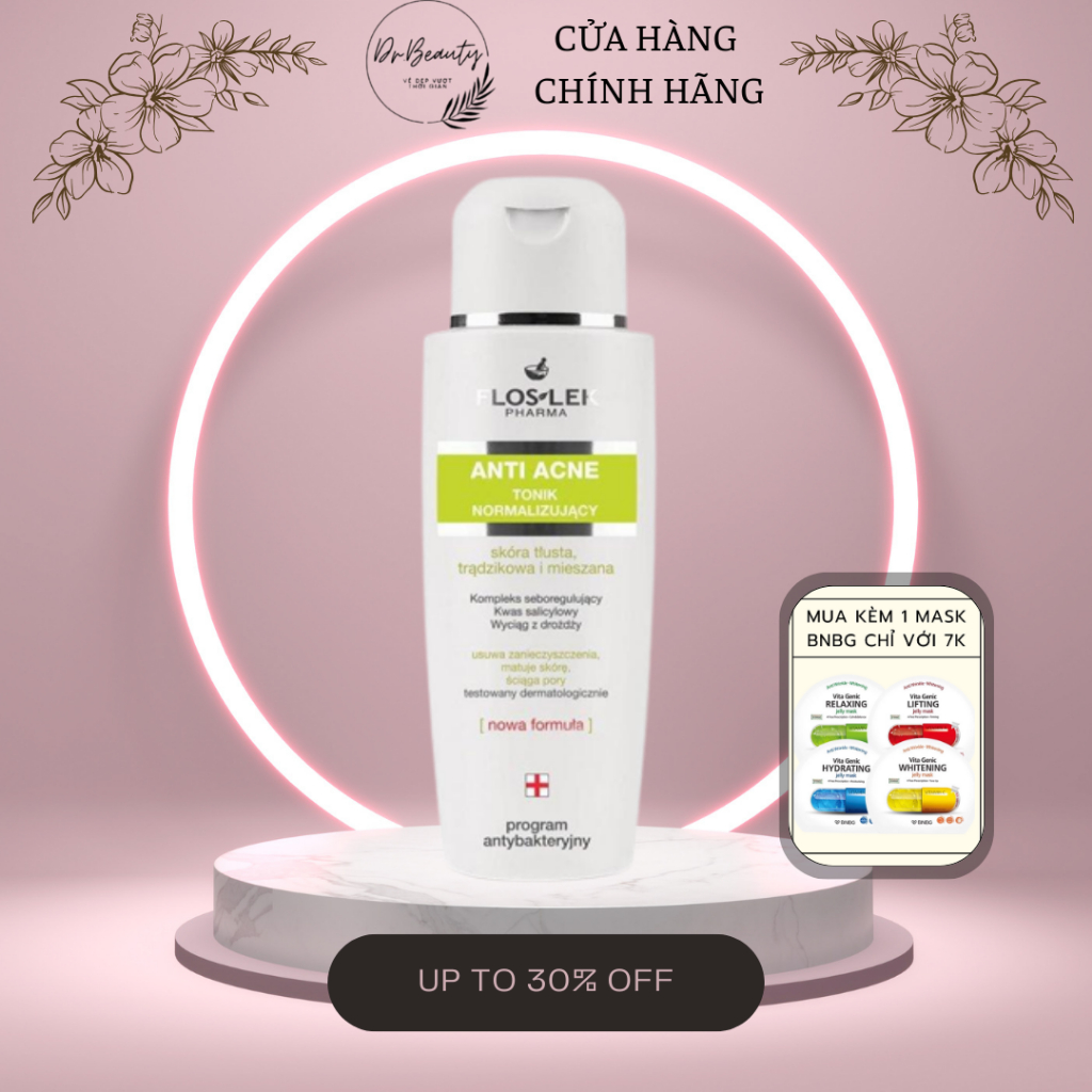 Toner cho da dầu mụn Floslek Anti Acne 200ml giúp làm sạch lỗ chân lông & giảm bã nhờn hiệu quả