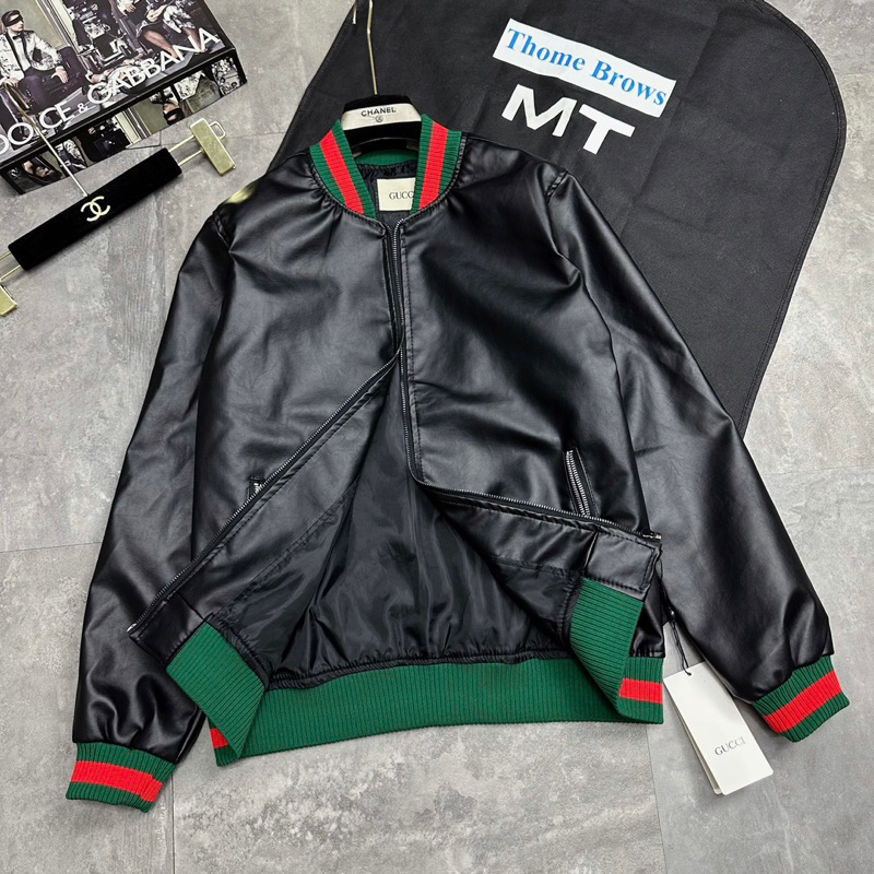 Áo BOMBER GUCI Da ❤️ Áo khoác da Guci 2 lớp dày dặn dáng rộng nam nữ Áo khoác bomber teddy dạ kim tuyến