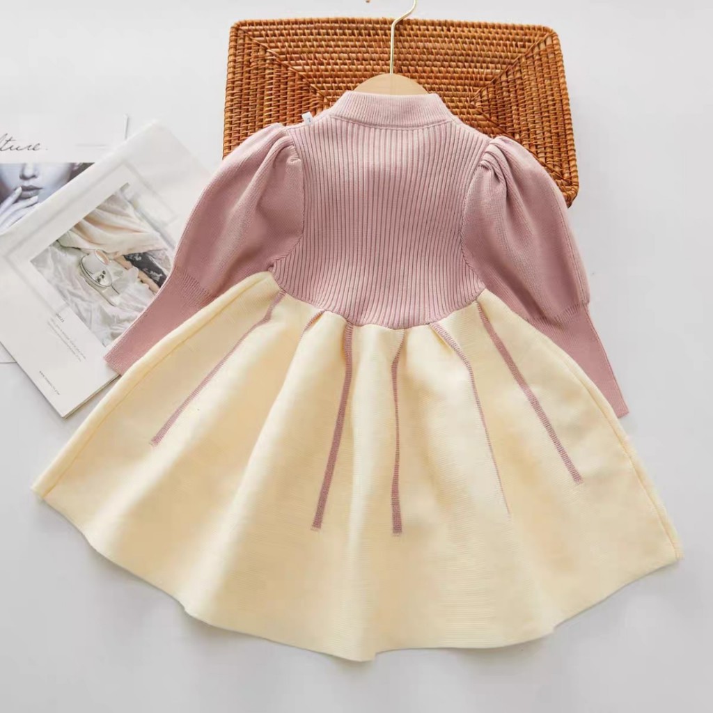 Váy bé gái- váy bé gái dài tay đính nơ ngực dáng xòe cho bé từ 8-20kg