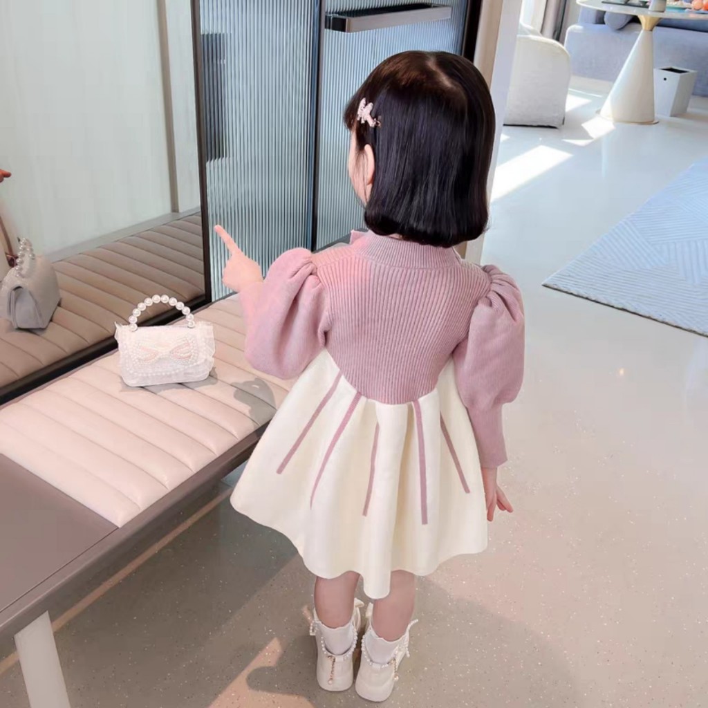 Váy bé gái- váy bé gái dài tay đính nơ ngực dáng xòe cho bé từ 8-20kg