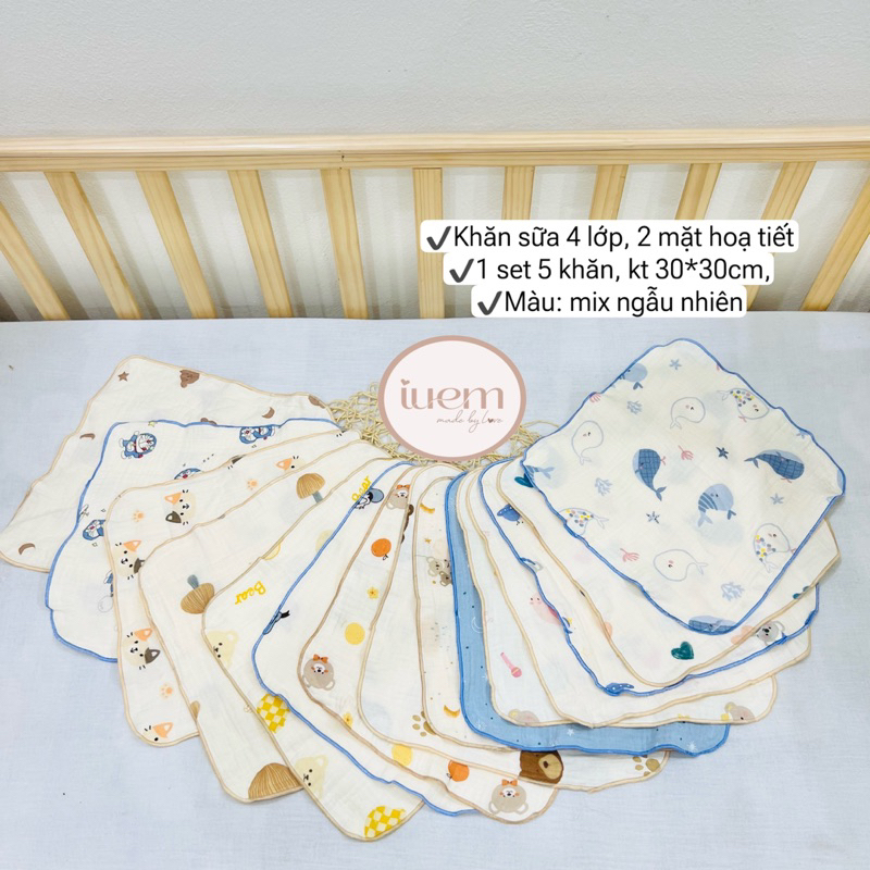 Khăn sữa xô muslin cao cấp 4 lớp, set 5 khăn 2 mặt hoạ tiết viền màu xinh, dày dặn, thấm hút tốt, không bụi vải iuemshop