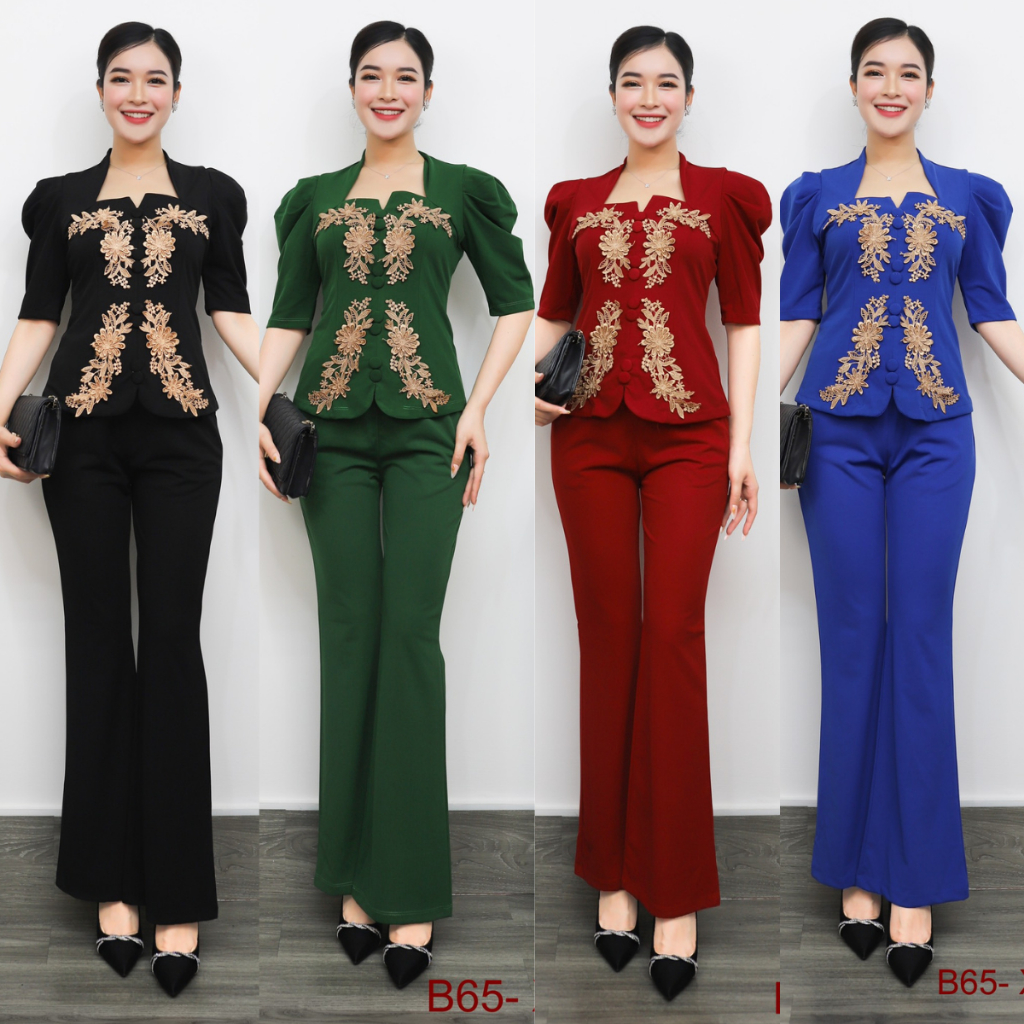 Mã B65 - SET ĐỒ BỘ ÁO HOA MAY NỔI, CỔ NỮ HOÀNG, QUẦN ỐNG LOE