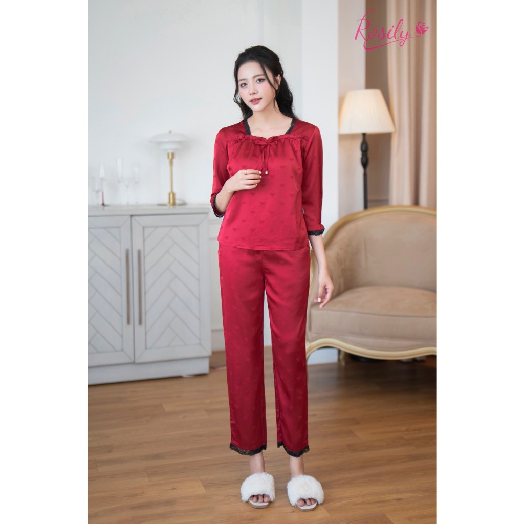 Bộ đồ nữ Rosily quần dài tay lửng chất lụa gấm satin cổ vuông R475