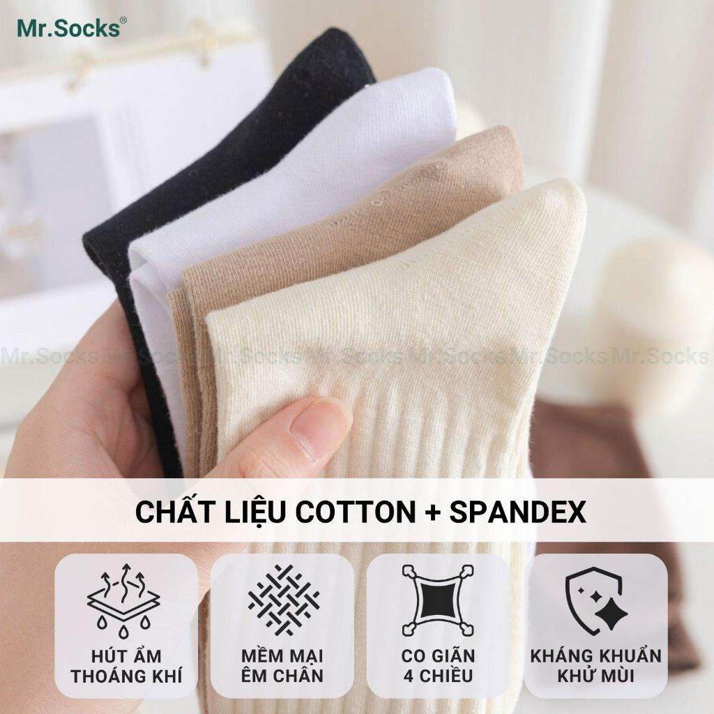 Tất nữ cao cổ trơn màu Mr.Socks cổ sọc gân, chất vải co giãn 4 chiều, dày dặn thoáng khí - OAS-1701-1DOI