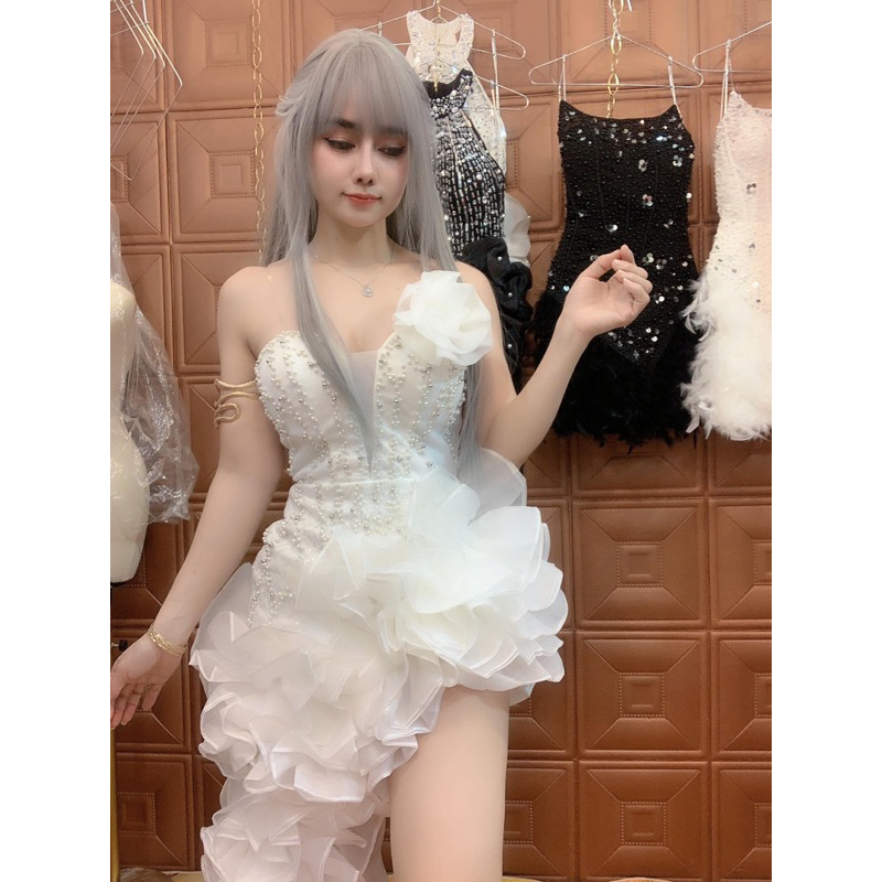 Đầm cúp dự tiệc sexxy phối bèo đính Ngọc hình thật