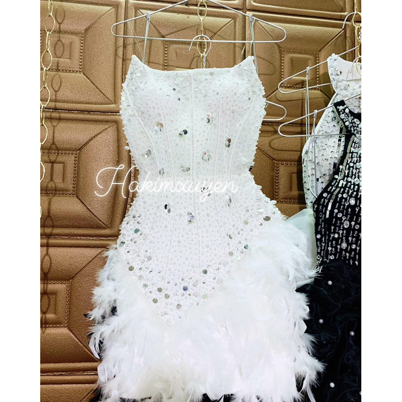 Đầm cúp body đính lông kết hạt dự tiệc kem hình thật