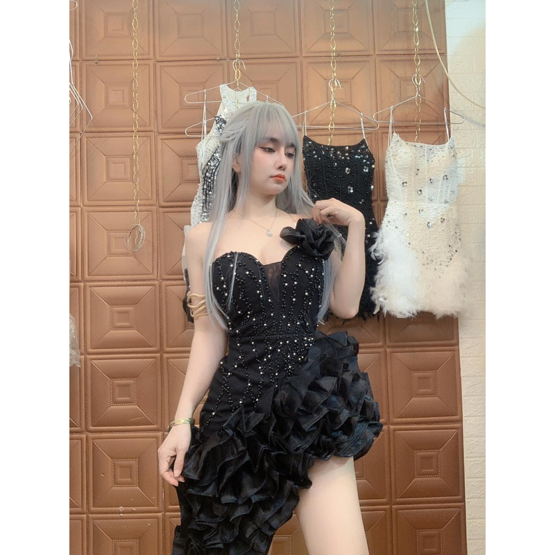 Đầm cúp dự tiệc sexxy phối bèo đính Ngọc hình thật