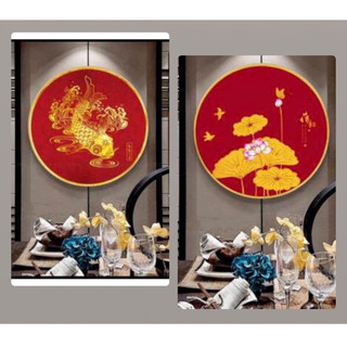 Tranh thêu chữ thập cá chép / hoa sen kt 60x60 cm CHỈ LỤA THÊU KÍN