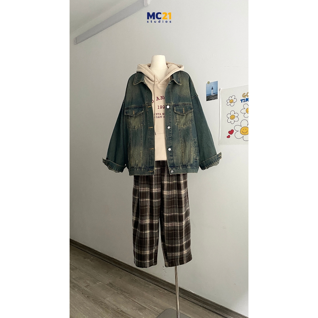 Quần baggy dạ kẻ caro MC21.STUDIOS dáng suông ống rộng bom bigsize lưng cạp cao Ulzzang pants Streetwear Hàn Quốc Q3804