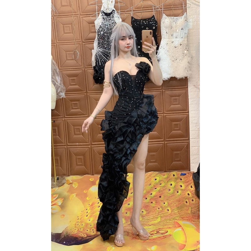 Đầm cúp dự tiệc sexxy phối bèo đính Ngọc hình thật