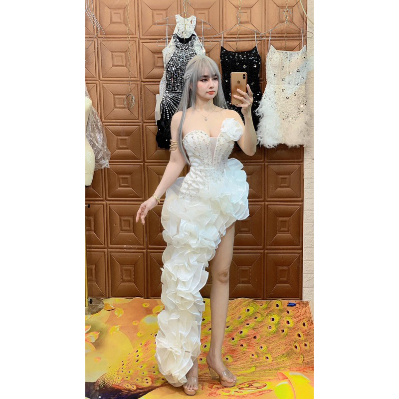 Đầm cúp dự tiệc sexxy phối bèo đính Ngọc hình thật