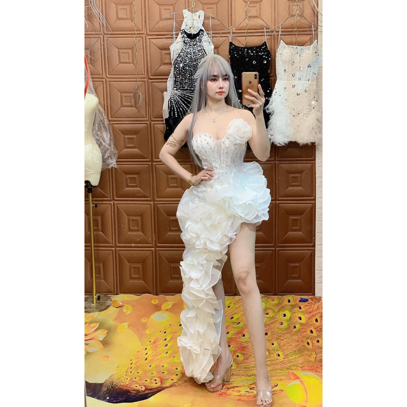 Đầm cúp dự tiệc sexxy phối bèo đính Ngọc hình thật