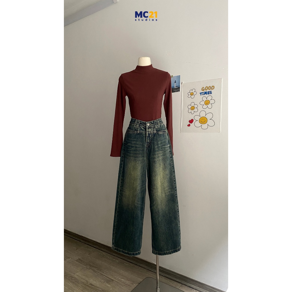 Quần jeans MC21.STUDIOS dáng dài ống suông lưng cạp cao bigsize Ulzzang Streetwear Hàn Quốc chất denim bò xịn Q3806