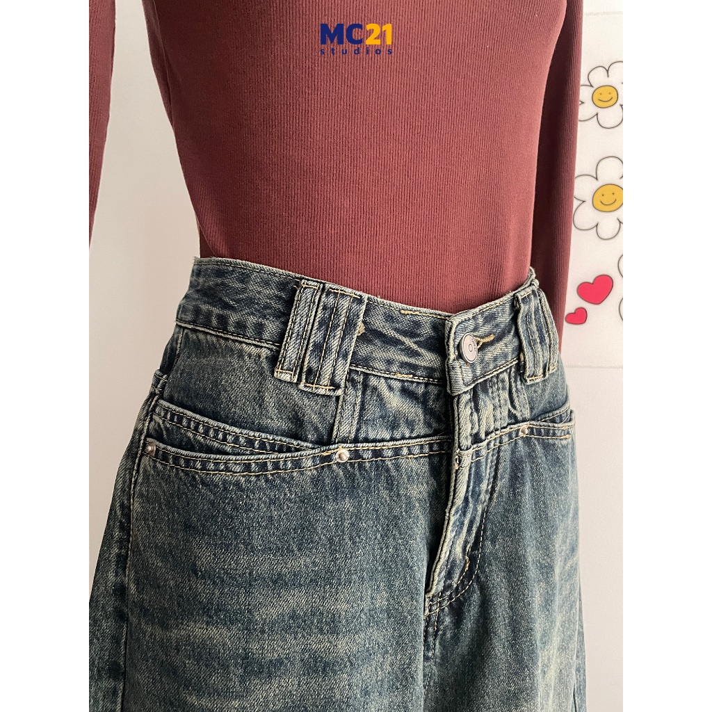 Quần jeans MC21.STUDIOS dáng dài ống suông lưng cạp cao bigsize Ulzzang Streetwear Hàn Quốc chất denim bò xịn Q3806