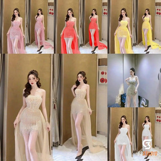 đầm cúp body phối tà sau đính đá