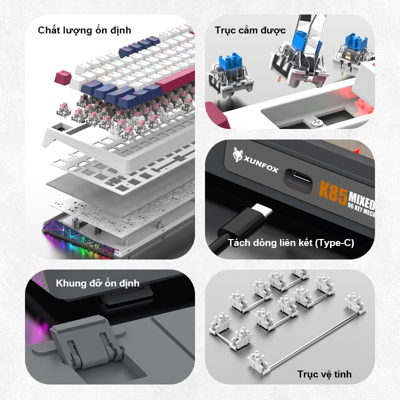 Bàn phím Cơ K85 Ba Màu Kết Hợp Có Đèn LED RGB Bàn Phím Chơi Game 96 Phím Có Có Thể Tháo Lắp Nóng