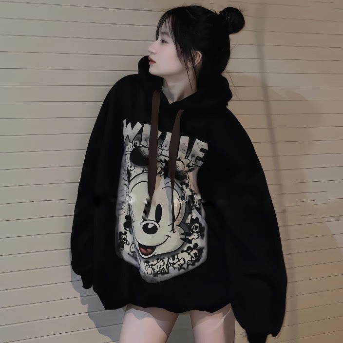 Áo hoodie mùa đông nam nữ hoạt Hình Micki, chất nỉ tàu ép nhung, mũ 2 lớp, ấm áp, mềm mịn, dày dặn