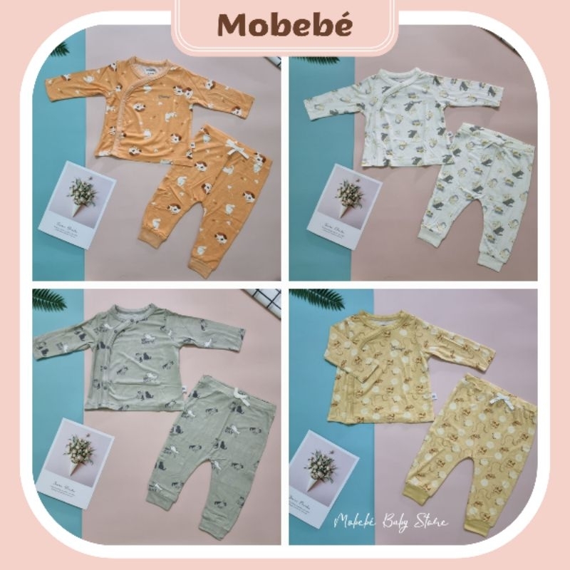 Bộ dài tay cúc chéo CHAANG Mèo cho bé từ sơ sinh đến 6 tháng