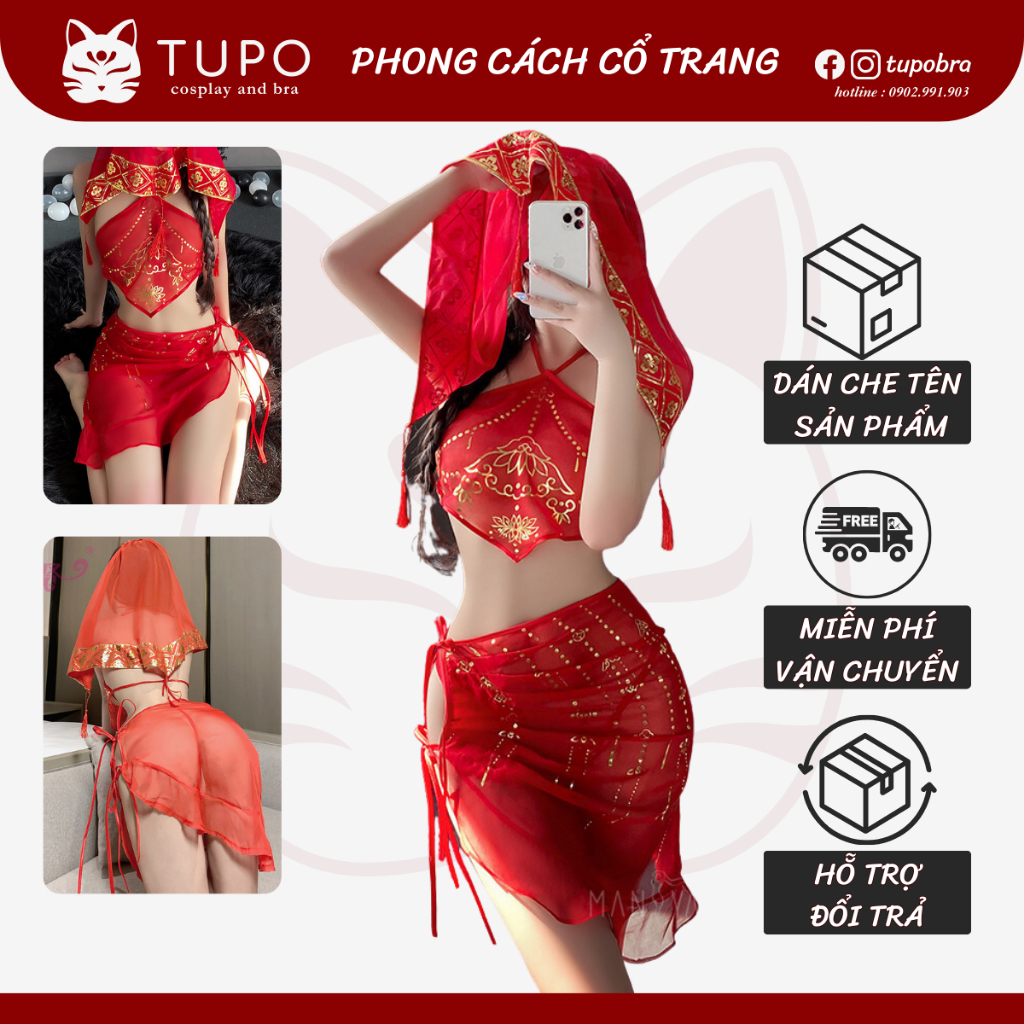 Cosplay cổ trang cô dâu Hán phục Trung Hoa váy xẻ tà thắt dây hông ren xuyên thấu quyến rũ gợi cảm