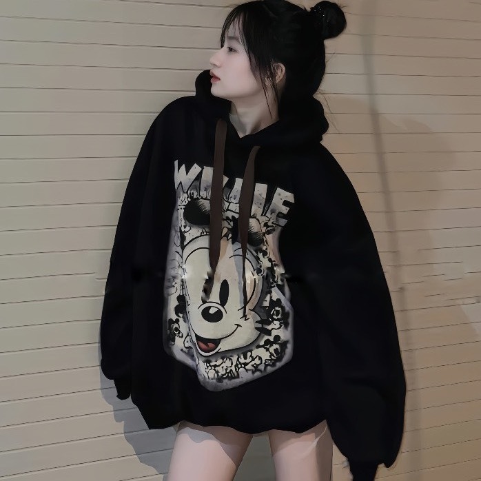 Áo hoodie mùa đông nam nữ hoạt Hình Micki, chất nỉ tàu ép nhung, mũ 2 lớp, ấm áp, mềm mịn, dày dặn