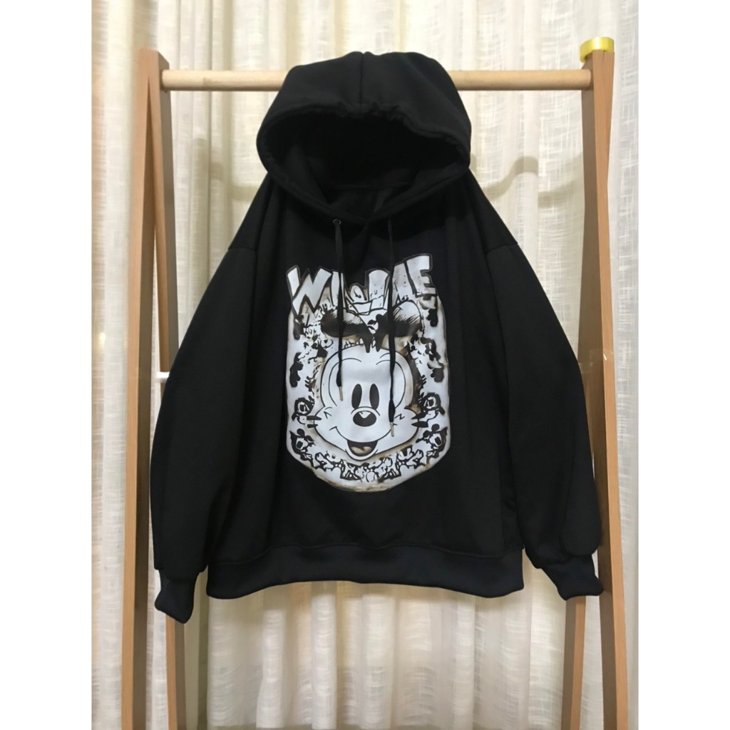 Áo hoodie mùa đông nam nữ hoạt Hình Micki, chất nỉ tàu ép nhung, mũ 2 lớp, ấm áp, mềm mịn, dày dặn