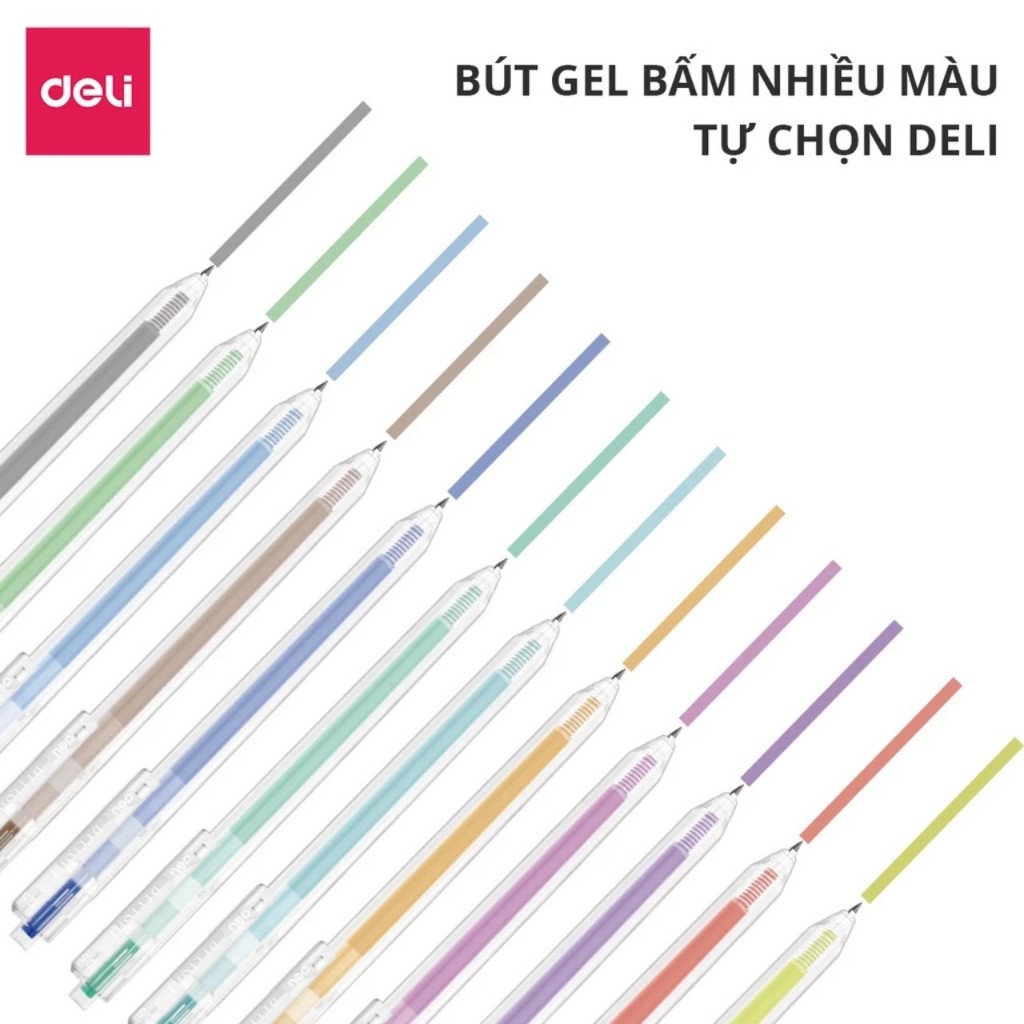 Bút gel bấm Deli A118 0.5mm nhiều màu / Bút bi nước Deli nhiều màu. Nét mượt mà, nhiều mực
