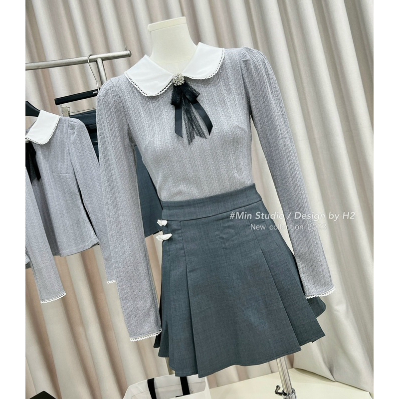 Set áo len cổ sen phối cv xếp ly