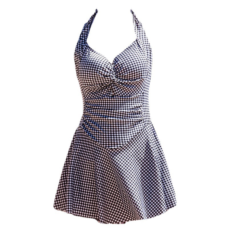 Đồ bơi liền thân nữ, Bikini dạng đầm sọc Caro #8429 Vải Thun 4 Chiều