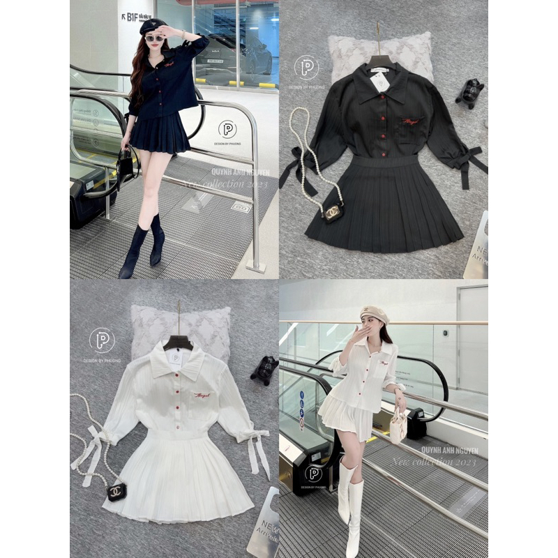 Sét áo sơ mi đũi thêu chữ mix chân váy xòe xinh