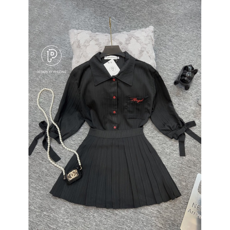 Sét áo sơ mi đũi thêu chữ mix chân váy xòe xinh