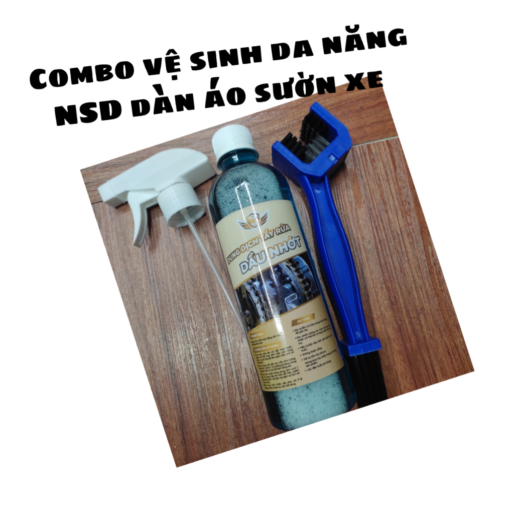 Dung dich vệ sinh dầu nhớt Võ Gia 500ml + bàn chải sên + vòi xịt xương vệ sinh sên NSD dàn áo vỏ xe sườn xe