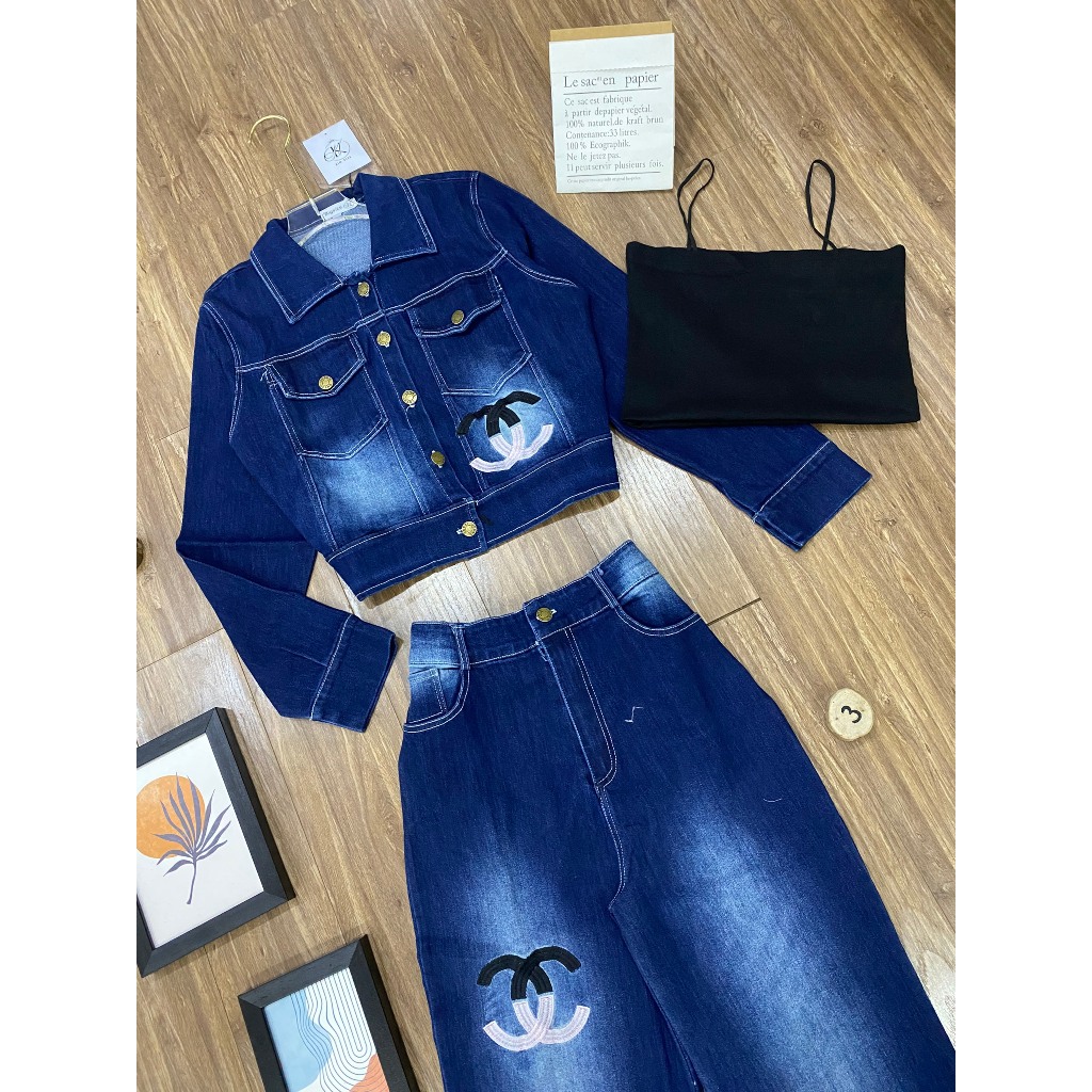 Sét bộ áo khoác jeans chaneo kèm quần ống suông cạp cao tặng kèm áo ống Bộ Bigsize Kim Ngân từ 50kg đến 100kg M/L/XL/XXL