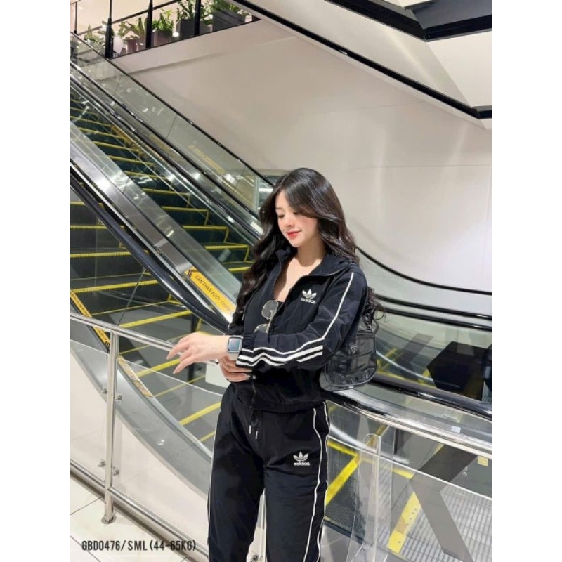 Bộ nữ sét thể thao thu đông chất vải gió 2 lớp, hàng VNXK.Sét bộ gió thể thao satin Adidas siêu sang