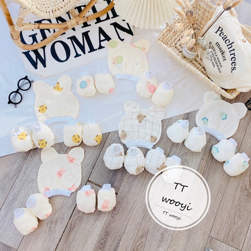 Sét mũ kèm bao tay bao chân MUSLIN 5 MÓN chất đẹp đáng yêu cho bé SM12