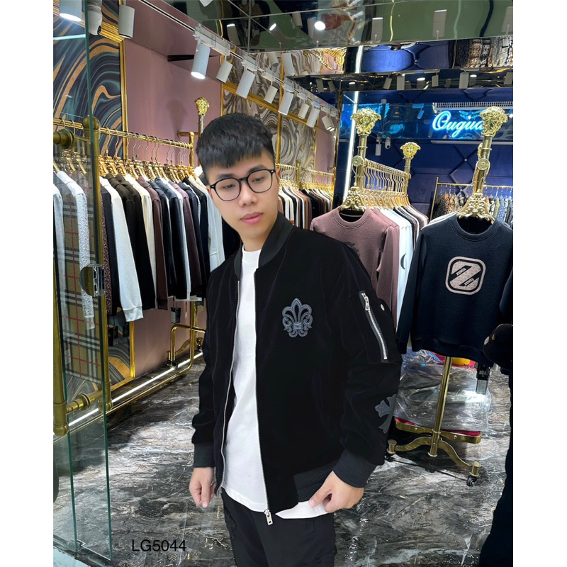 Áo Khoác nhung trần bông trám 3 lớp thêu da chrrome Cao cấp