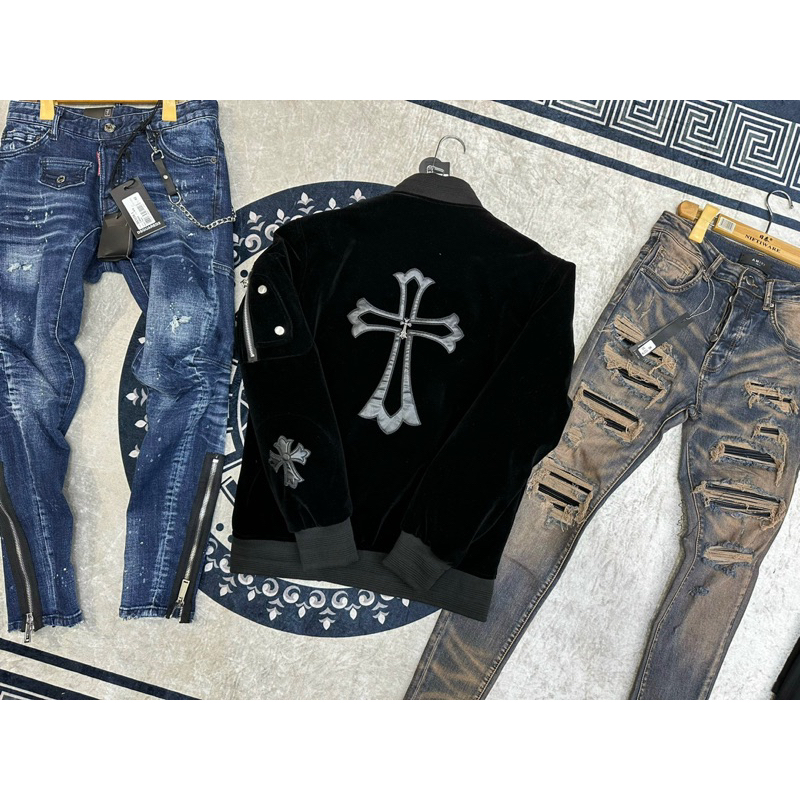 Áo Khoác nhung trần bông trám 3 lớp thêu da chrrome Cao cấp