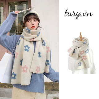Khăn len choàng cổ nữ - tury - khăn cashmere hoạ tiết phối hoa nữ tính phong cách hàn quốc thời trang thu đông - ln006