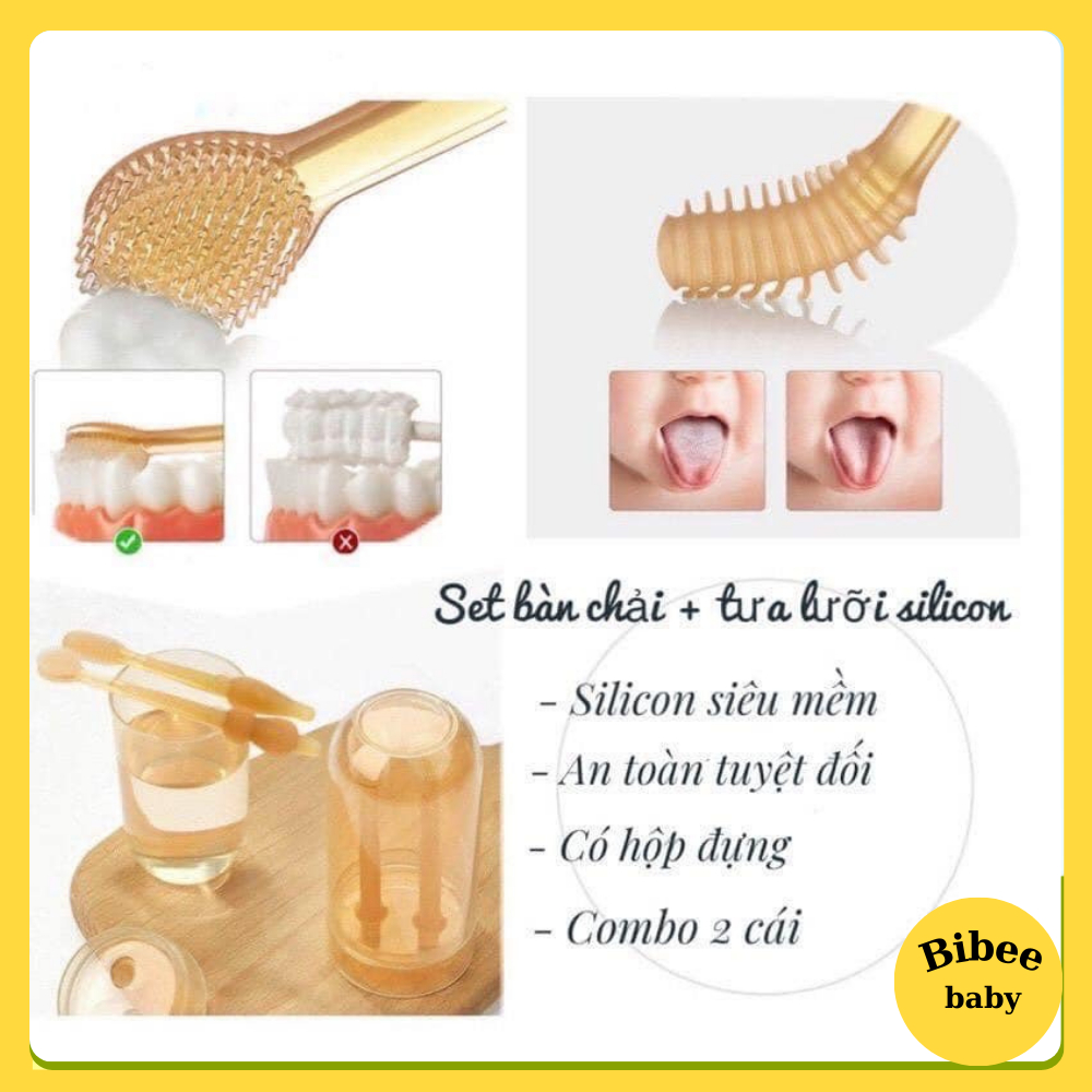 Sét rơ lưỡi và bàn chải đánh rắng silicon 2 chi tiết cho bé từ 0-18 tháng - Bibeebaby