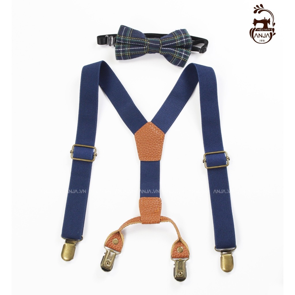 Set đai chữ Y (dây đeo quần) màu xanh đậm kèm nơ cổ sọc xanh cho bé trai – hieumayanja1991 (Hiệu May ANJA 1991)