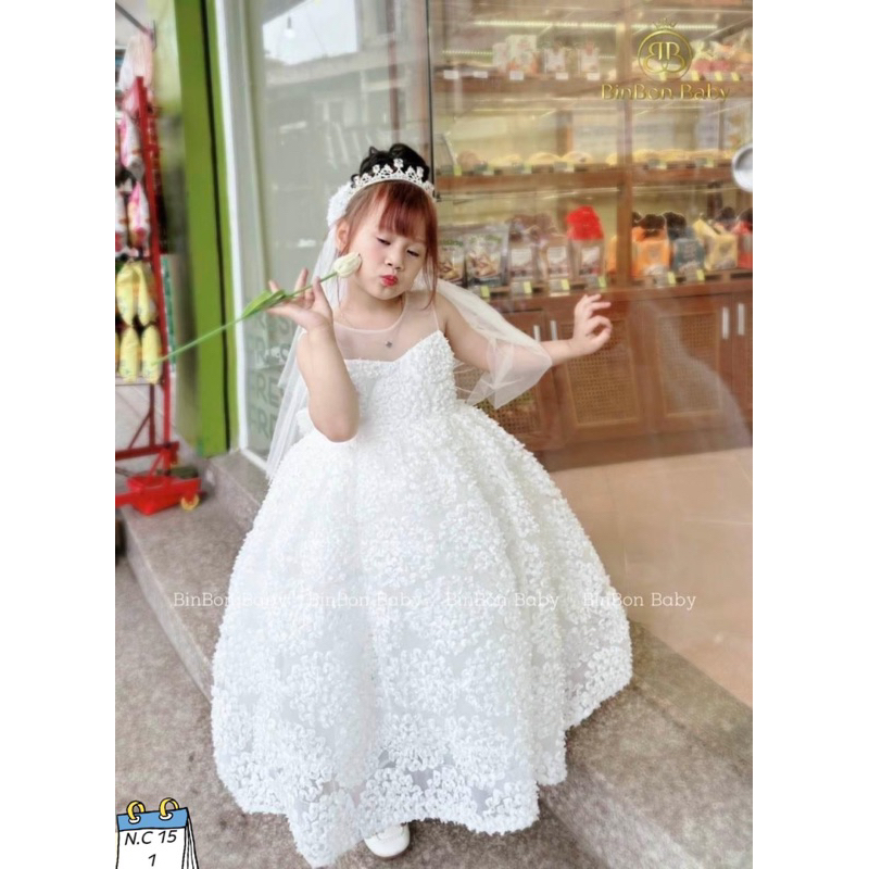 Váy công chúa ren trắng kèm nơ cô dâu cho bé gái