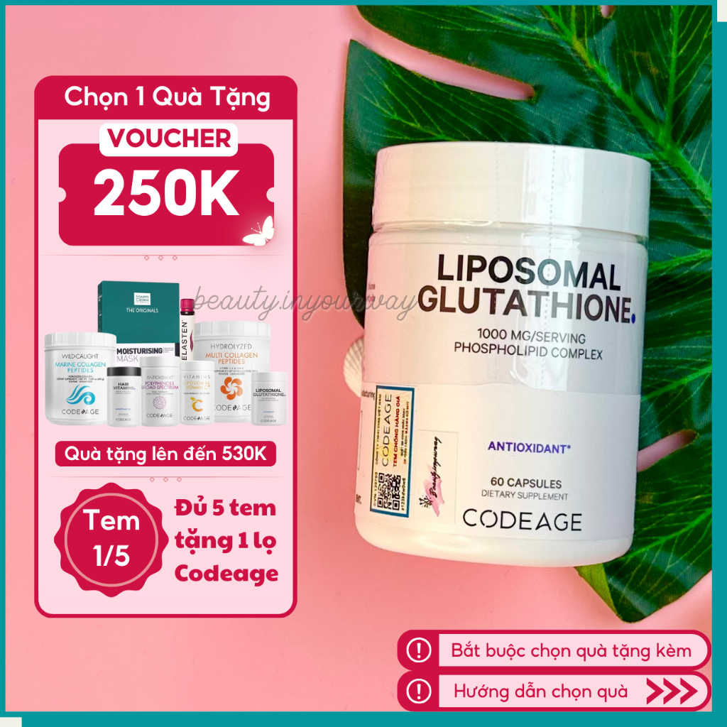 Viên Uống Glutathione 1000mg Codeage, Chuyên Biệt Dưỡng Trắng, Giảm Nám Tàn Nhang Codeage Liposomal Glutathione 1000mg