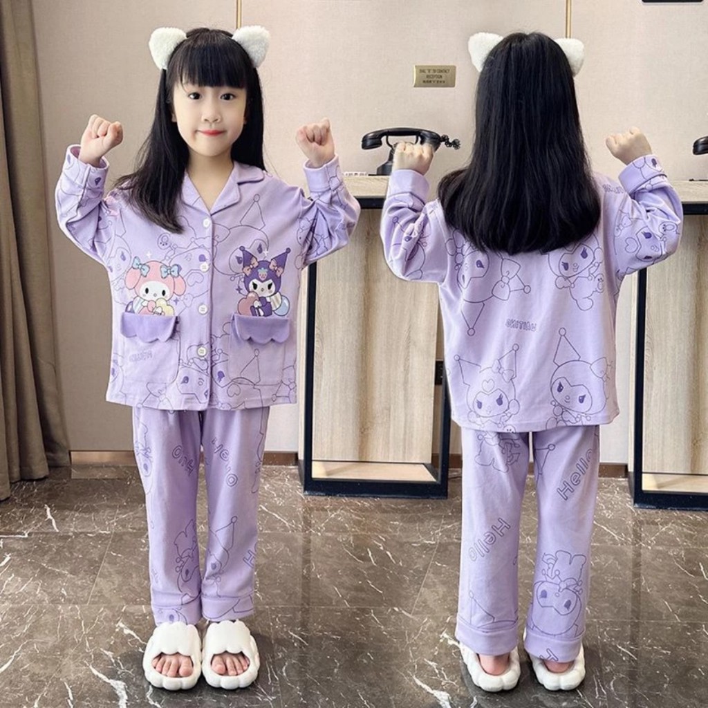 Bộ đồ ngủ trẻ em, bé gái Cotton dài tay ấm áp , 15 - 35kg