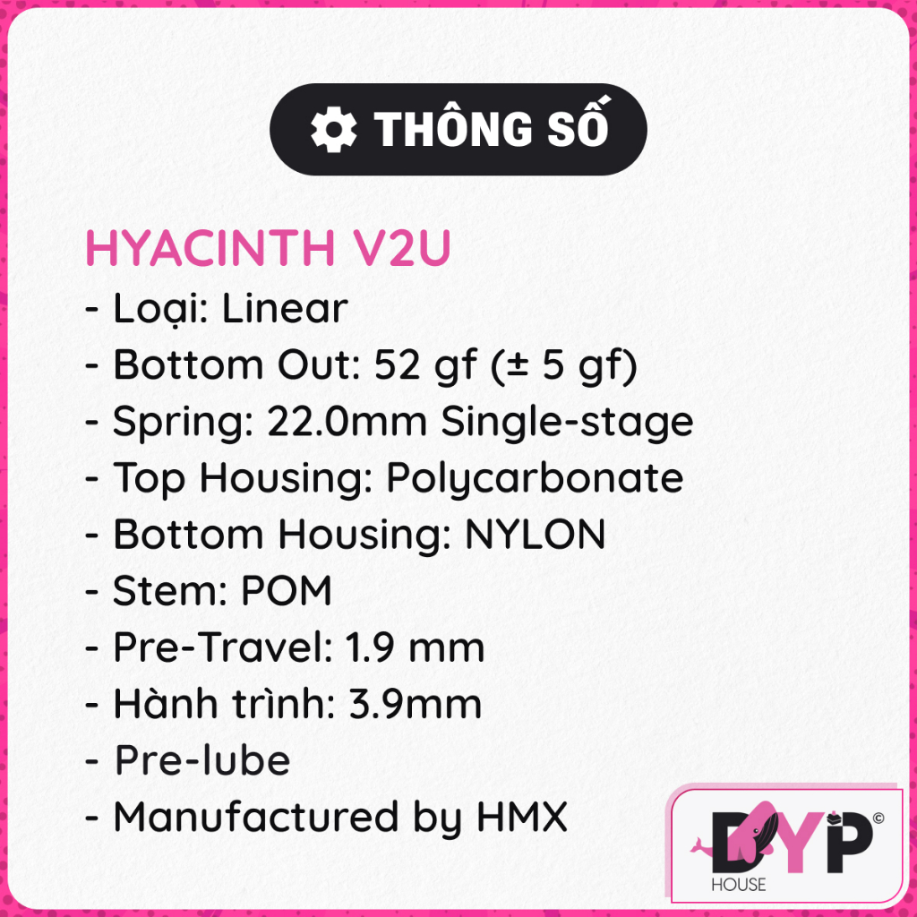 Switch Hyacinth V2U | Sillyworks | Linear 52g | Stem dài | 5 pin | Switch bàn phím cơ-Sound test dưới mô tả | dyp house