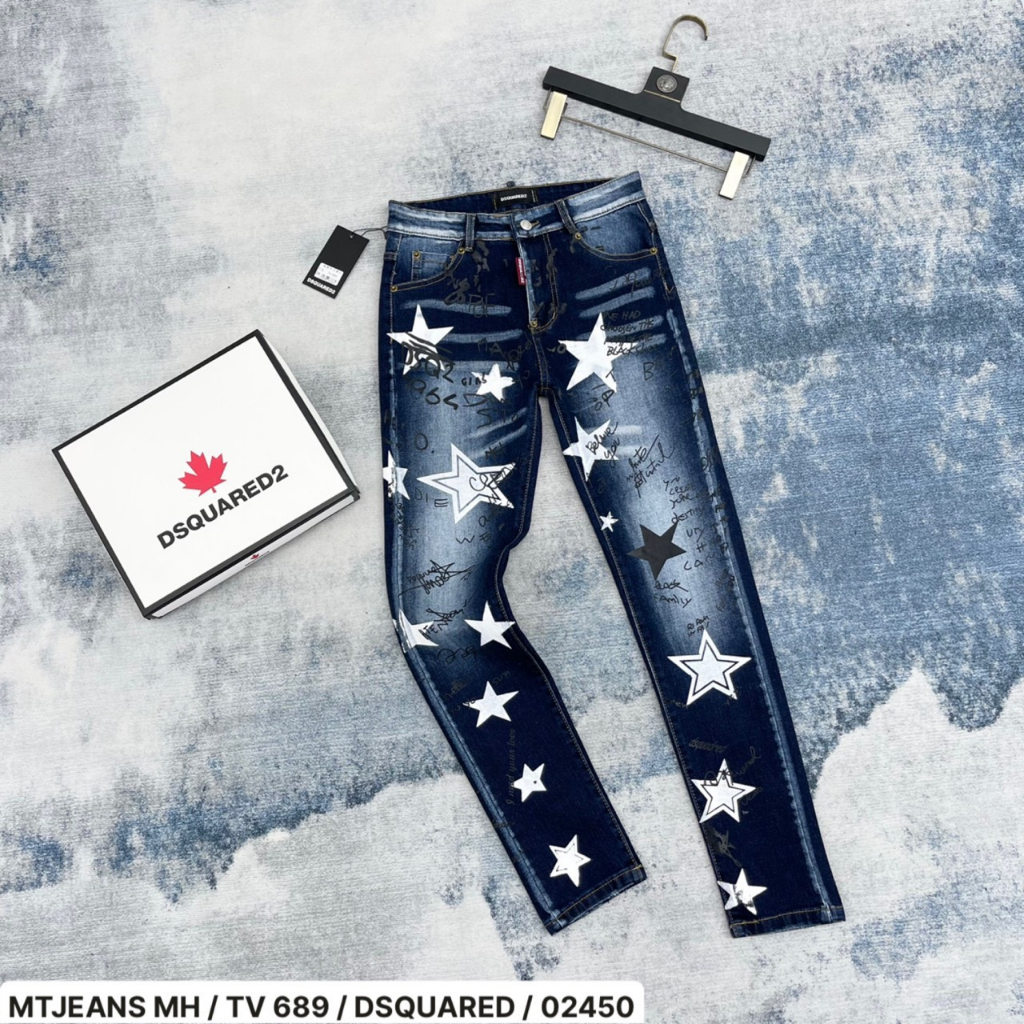 Quần Jeans Nam  DSQ In Hình Ngôi Sao , Quần Bò Nam DSQ In Chữ Vẩy Sơn Siêu Chất BN10