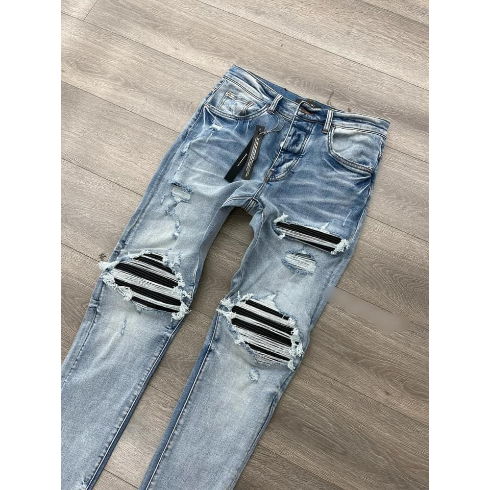 Quần Jeans Nam AMIRI Like_Auth Xanh Mài Bạc 4 Khuy Lót Da Nhăn Gối , Quần Bò Nam Xanh Nhạt Vá Gối BN12