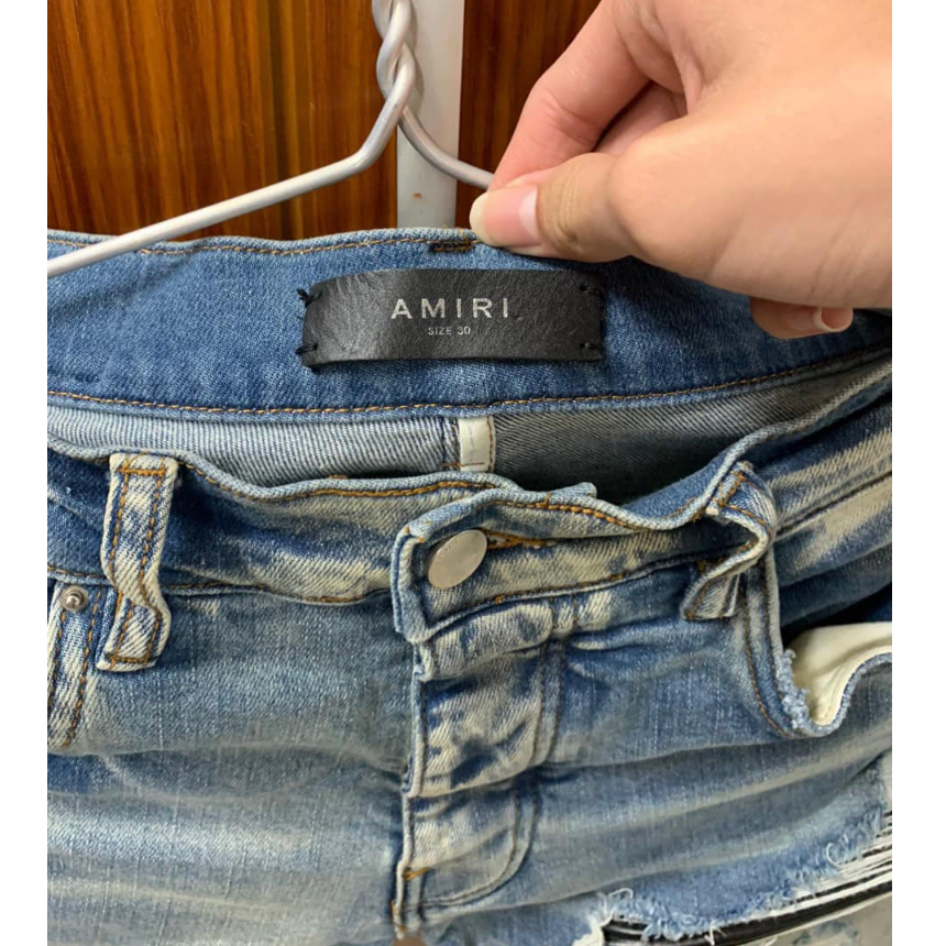 Quần Jeans Nam AMIRI Like_Auth Xanh Mài Bạc 4 Khuy Lót Da Nhăn Gối , Quần Bò Nam Xanh Nhạt Vá Gối BN12