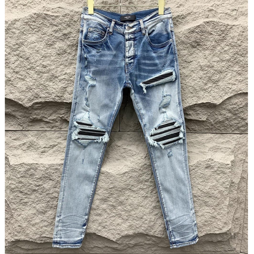 Quần Jeans Nam AMIRI Like_Auth Xanh Mài Bạc 4 Khuy Lót Da Nhăn Gối , Quần Bò Nam Xanh Nhạt Vá Gối BN12